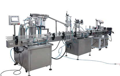 Picture of automatic two heads liquid  filling machine , capping  machine and automatic round labeling machine